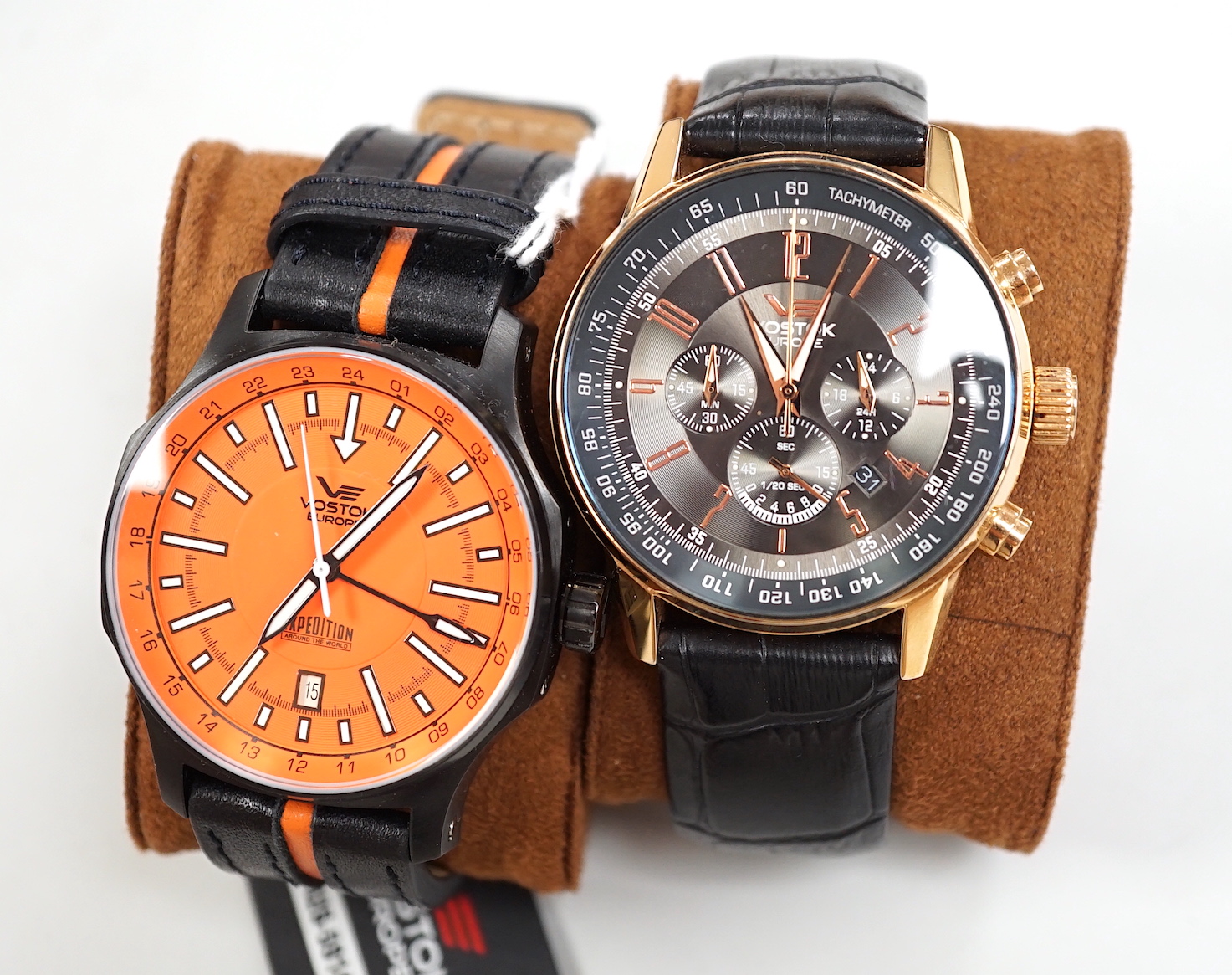 Two gentleman's modern coloured steel Vostok Europe wrist watches, including 'Expedition Around The World' automatic and Limousine Gaz-14.